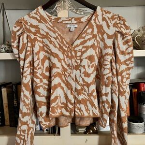 Nine West Cream and Tan Patterned Button-Front Knit Top